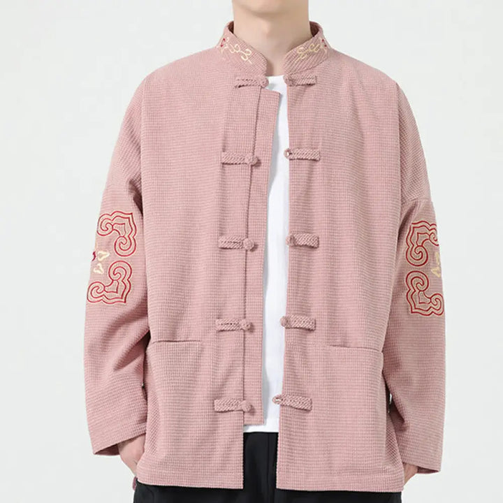 Buddha Stones Men’s Frog-button Tang Suit Symmetrical Embroidery Cotton Corduroy Jacket Shirt With Pockets - Pink