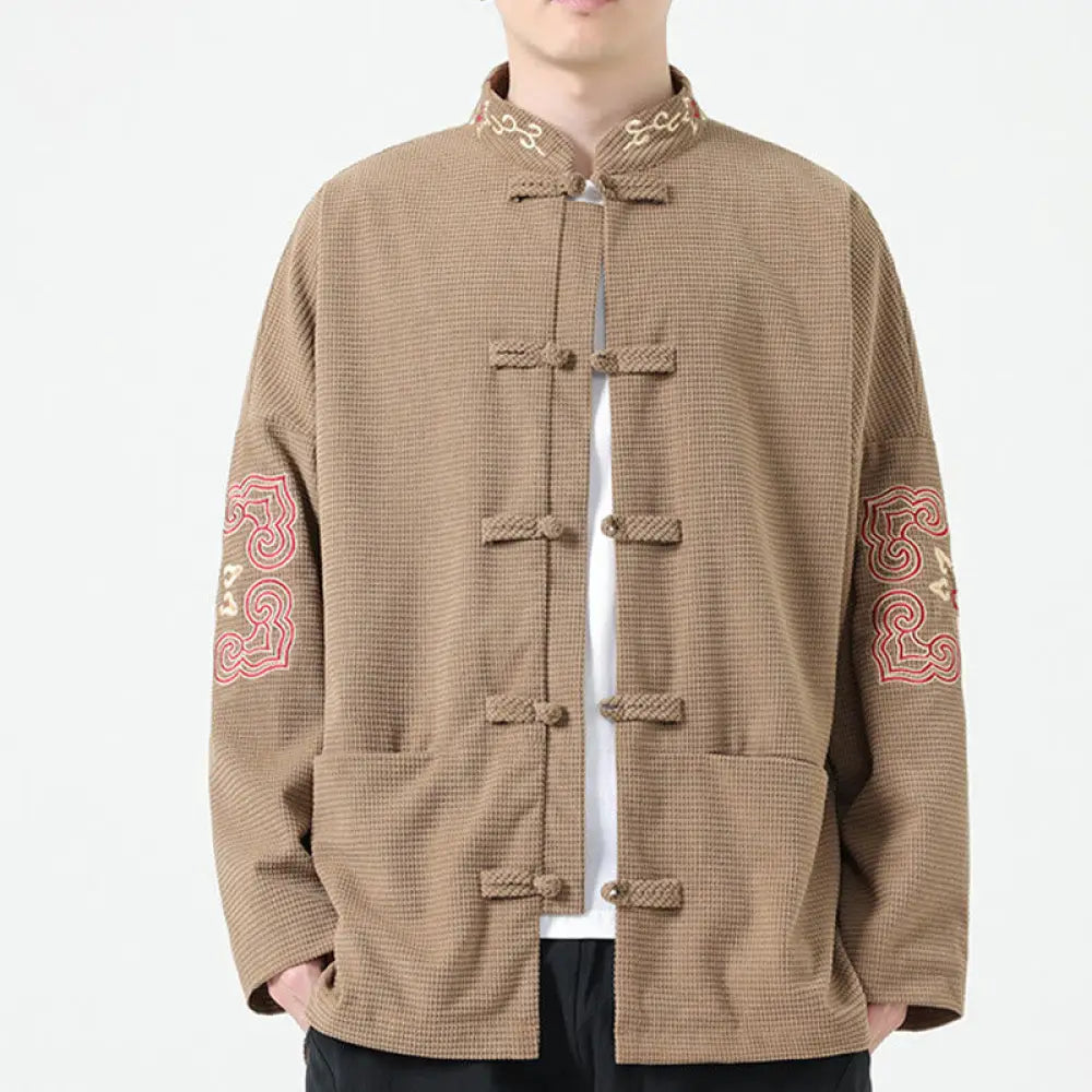 Buddha Stones Men’s Frog-button Tang Suit Symmetrical Embroidery Cotton Corduroy Jacket Shirt With Pockets - Tan