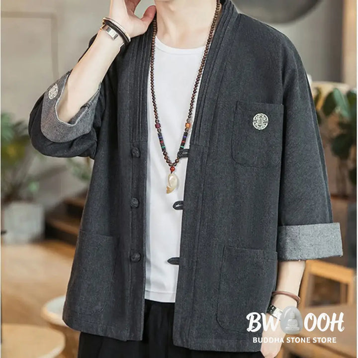 Buddha Stones Men’s Frog-Button Tang Suit Three Quarter Sleeve Jacket Shirt With Pockets - Men’s Jacket Shirt