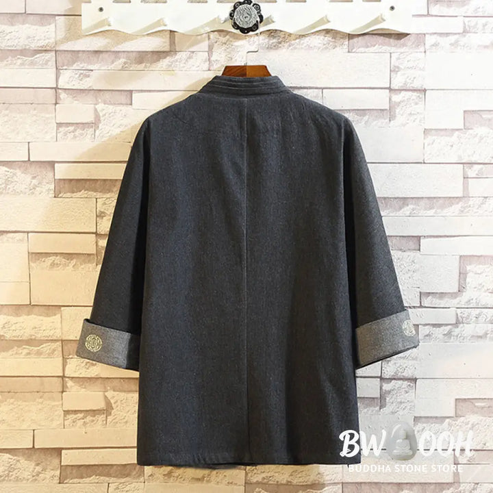 Buddha Stones Men’s Frog-Button Tang Suit Three Quarter Sleeve Jacket Shirt With Pockets - Men’s Jacket Shirt