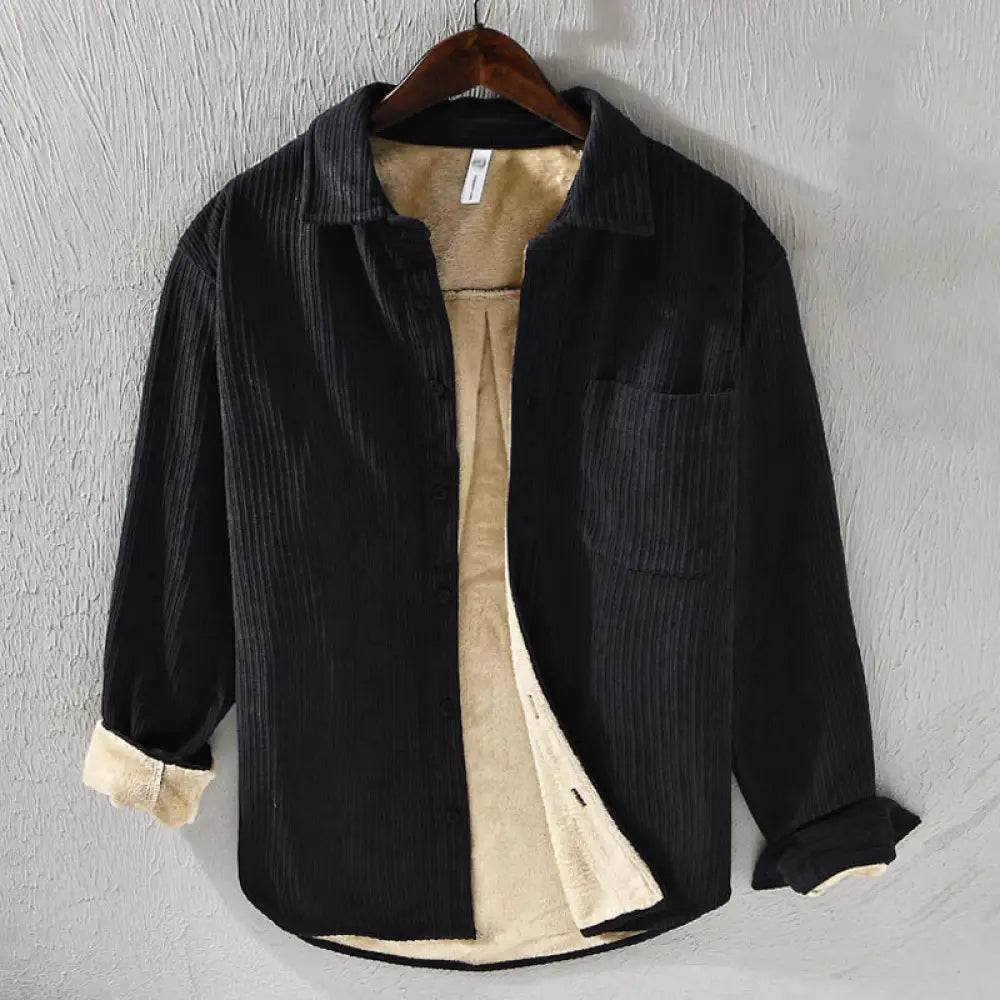 Buddha Stones Men’s Long Sleeve Fleece Lined With Pocket Corduroy Comfortable Shirt - Black / US/UK/AU32，EU42 (M)