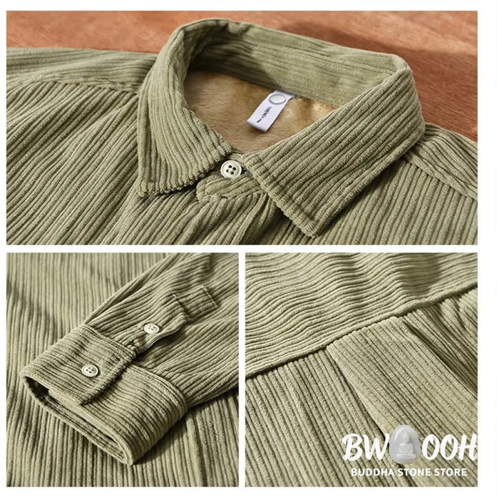 Buddha Stones Men’s Long Sleeve Fleece Lined With Pocket Corduroy Comfortable Shirt - Men’s Shirts