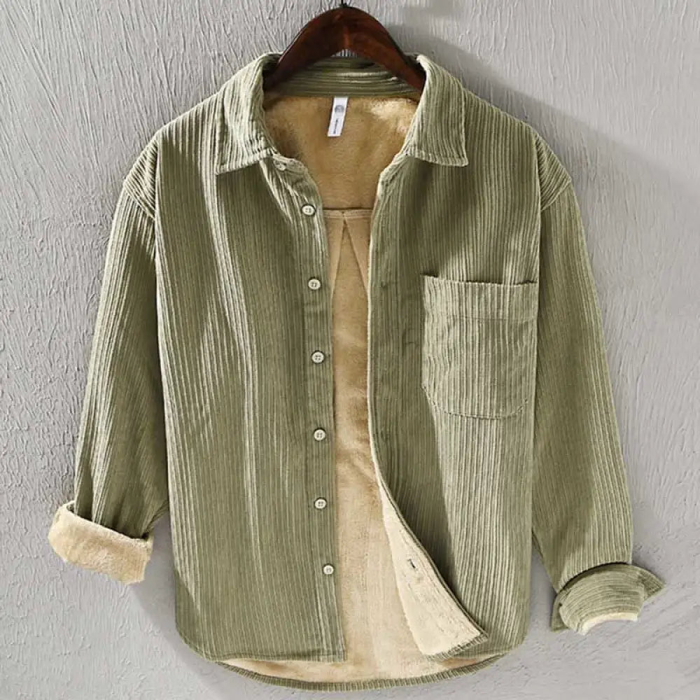 Buddha Stones Men’s Long Sleeve Fleece Lined With Pocket Corduroy Comfortable Shirt - YellowGreen / US/UK/AU32，EU42 (M)