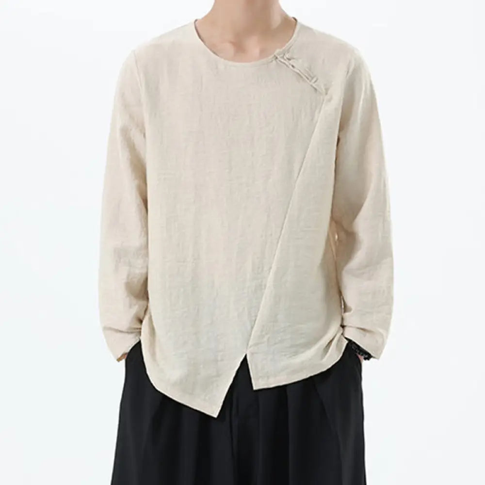 Buddha Stones Men’s Long Sleeve Round Collar Comfort Cotton Linen Shirt - PapayaWhip / US/UK/AU34，EU44 (M) - Men’s