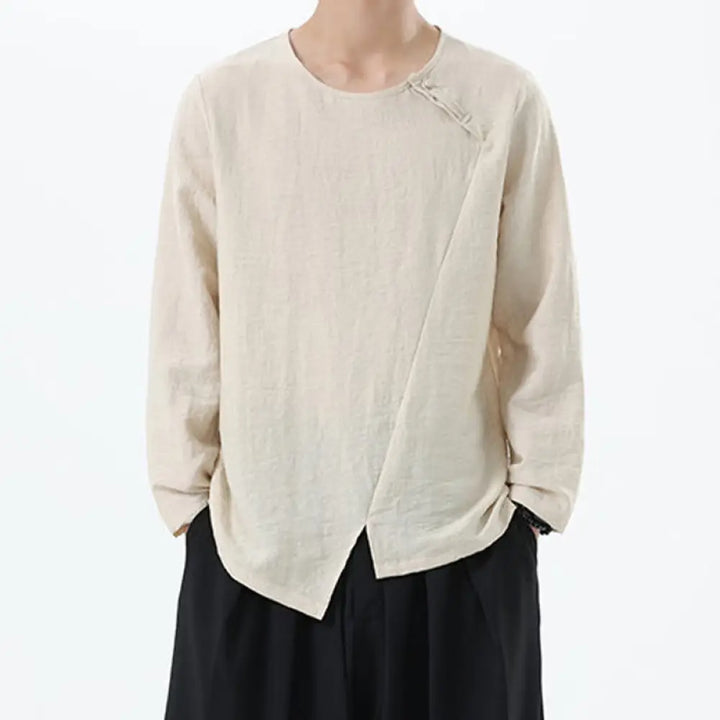 Buddha Stones Men’s Long Sleeve Round Collar Comfort Cotton Linen Shirt - PapayaWhip / US/UK/AU34，EU44 (M) - Men’s