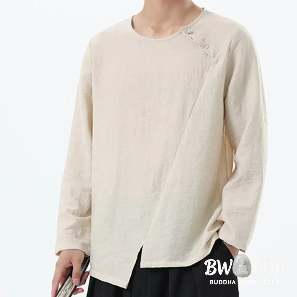 Buddha Stones Men’s Long Sleeve Round Collar Comfort Cotton Linen Shirt - Men’s T-Shirts