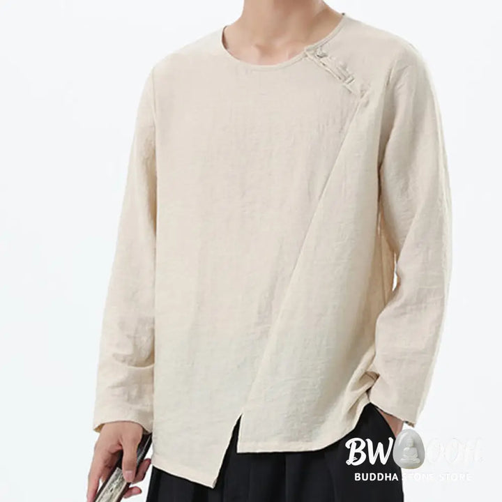 Buddha Stones Men’s Long Sleeve Round Collar Comfort Cotton Linen Shirt - Men’s T-Shirts