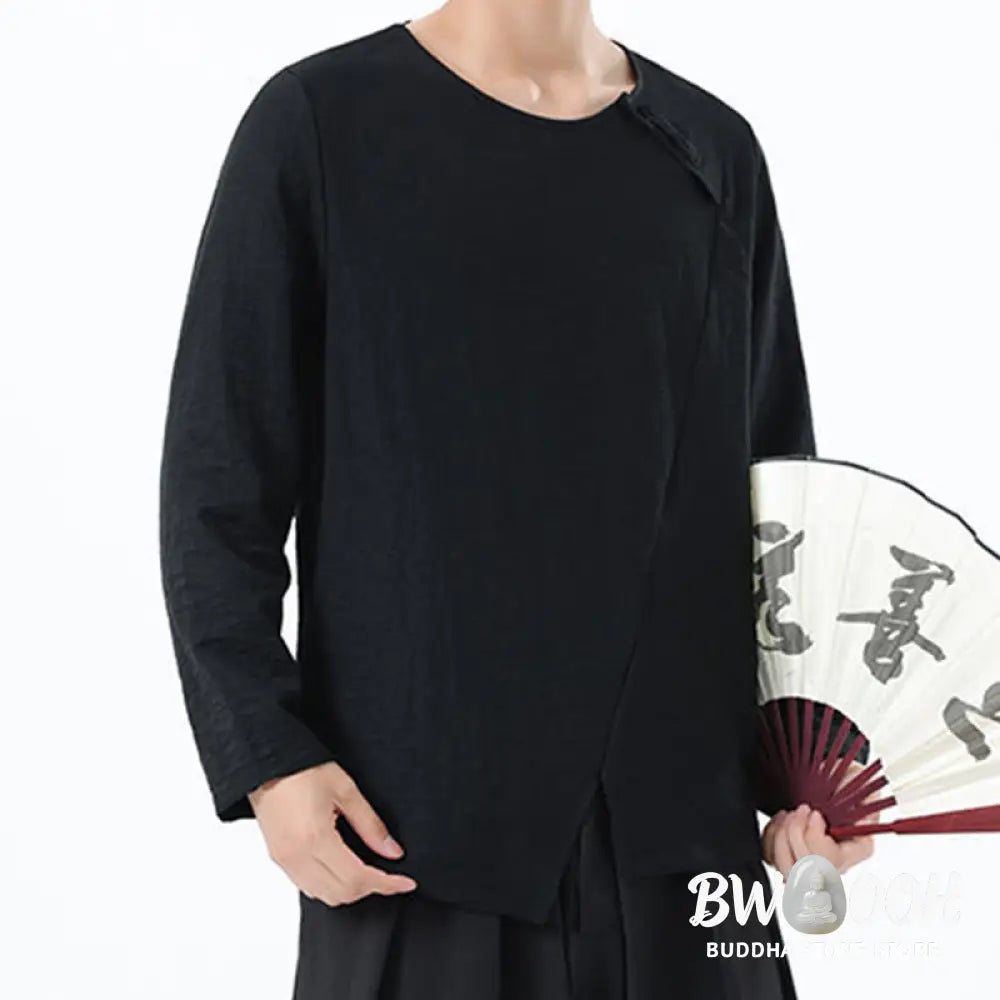 Buddha Stones Men’s Long Sleeve Round Collar Comfort Cotton Linen Shirt - Men’s T-Shirts