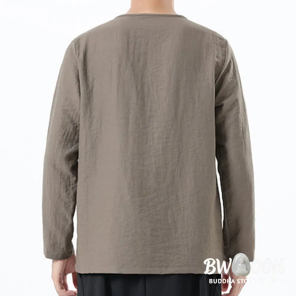 Buddha Stones Men’s Long Sleeve Round Collar Comfort Cotton Linen Shirt - Men’s T-Shirts
