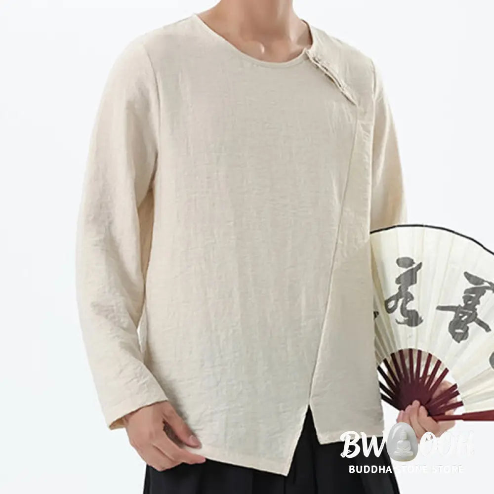 Buddha Stones Men’s Long Sleeve Round Collar Comfort Cotton Linen Shirt - Men’s T-Shirts