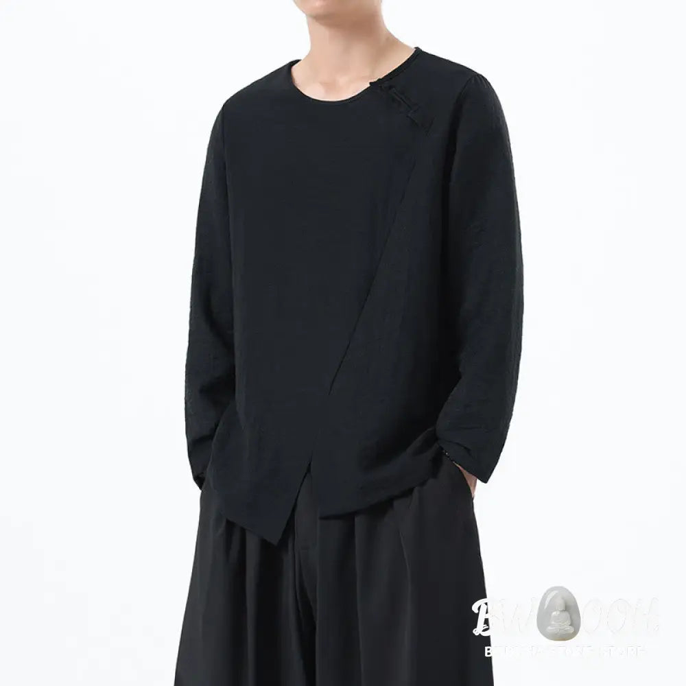 Buddha Stones Men’s Long Sleeve Round Collar Comfort Cotton Linen Shirt - Men’s T-Shirts