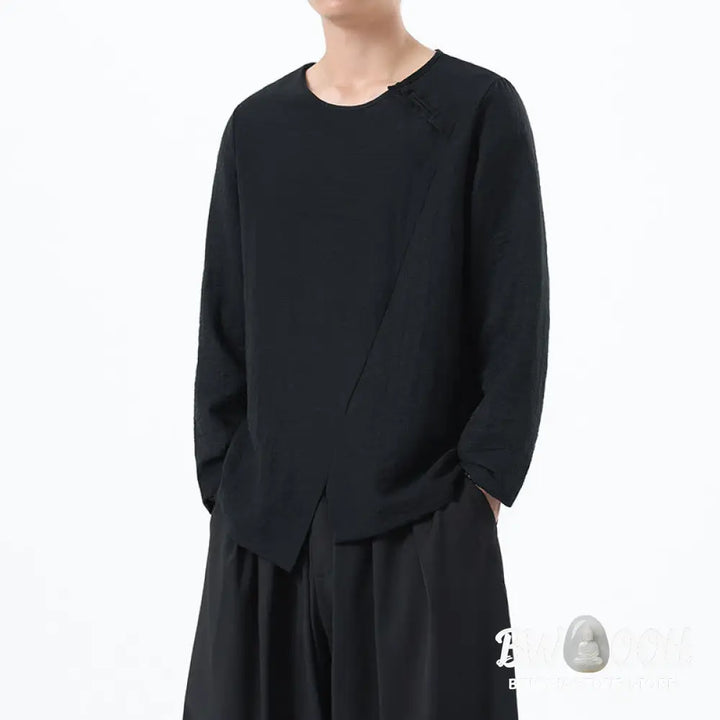 Buddha Stones Men’s Long Sleeve Round Collar Comfort Cotton Linen Shirt - Men’s T-Shirts