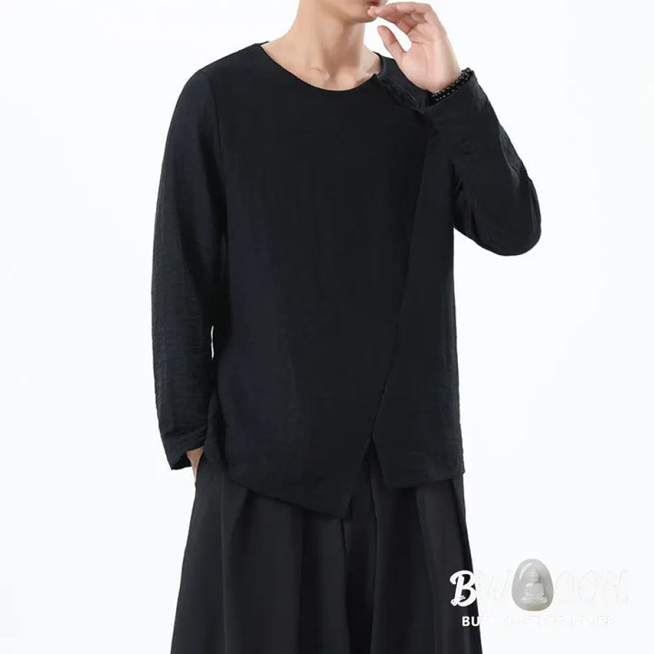 Buddha Stones Men’s Long Sleeve Round Collar Comfort Cotton Linen Shirt - Men’s T-Shirts