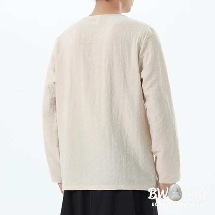 Buddha Stones Men’s Long Sleeve Round Collar Comfort Cotton Linen Shirt - Men’s T-Shirts