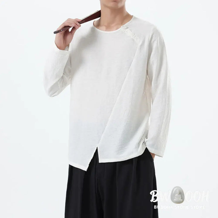 Buddha Stones Men’s Long Sleeve Round Collar Comfort Cotton Linen Shirt - Men’s T-Shirts