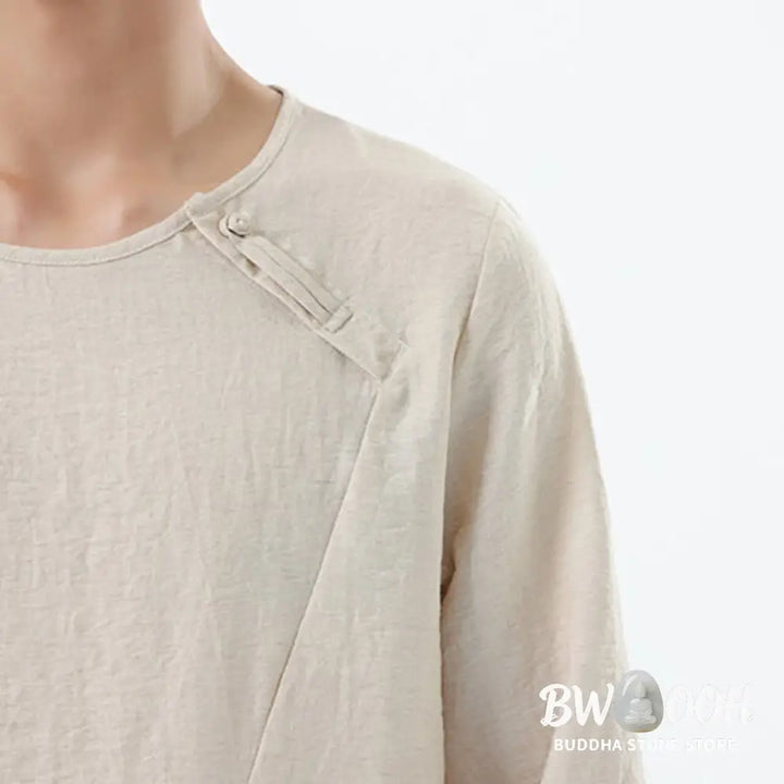 Buddha Stones Men’s Long Sleeve Round Collar Comfort Cotton Linen Shirt - Men’s T-Shirts