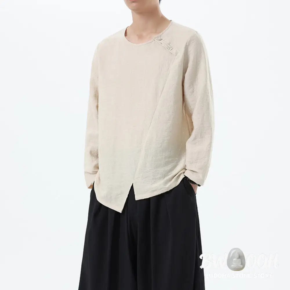 Buddha Stones Men’s Long Sleeve Round Collar Comfort Cotton Linen Shirt - Men’s T-Shirts