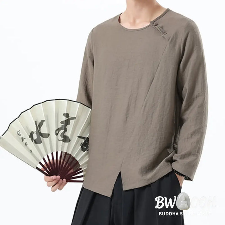 Buddha Stones Men’s Long Sleeve Round Collar Comfort Cotton Linen Shirt - Men’s T-Shirts