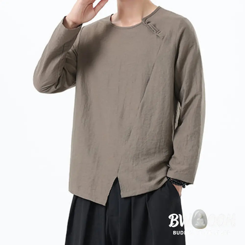 Buddha Stones Men’s Long Sleeve Round Collar Comfort Cotton Linen Shirt - Men’s T-Shirts