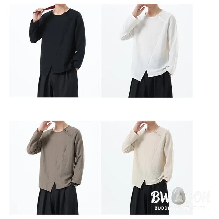 Buddha Stones Men’s Long Sleeve Round Collar Comfort Cotton Linen Shirt - Men’s T-Shirts