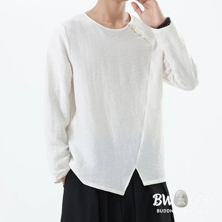Buddha Stones Men’s Long Sleeve Round Collar Comfort Cotton Linen Shirt - Men’s T-Shirts