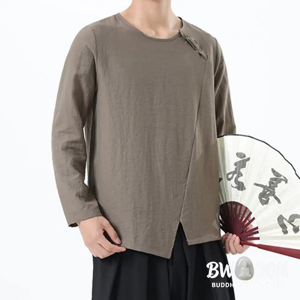 Buddha Stones Men’s Long Sleeve Round Collar Comfort Cotton Linen Shirt - Men’s T-Shirts