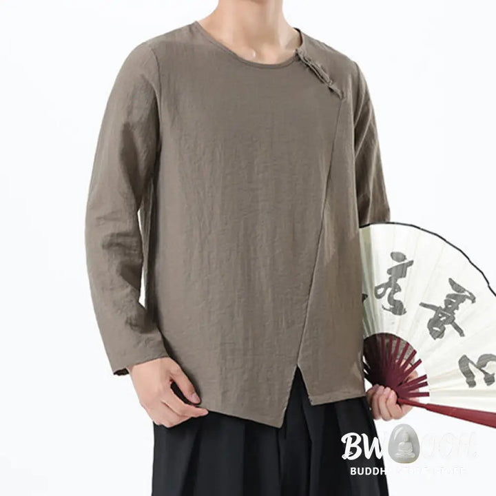 Buddha Stones Men’s Long Sleeve Round Collar Comfort Cotton Linen Shirt - Men’s T-Shirts