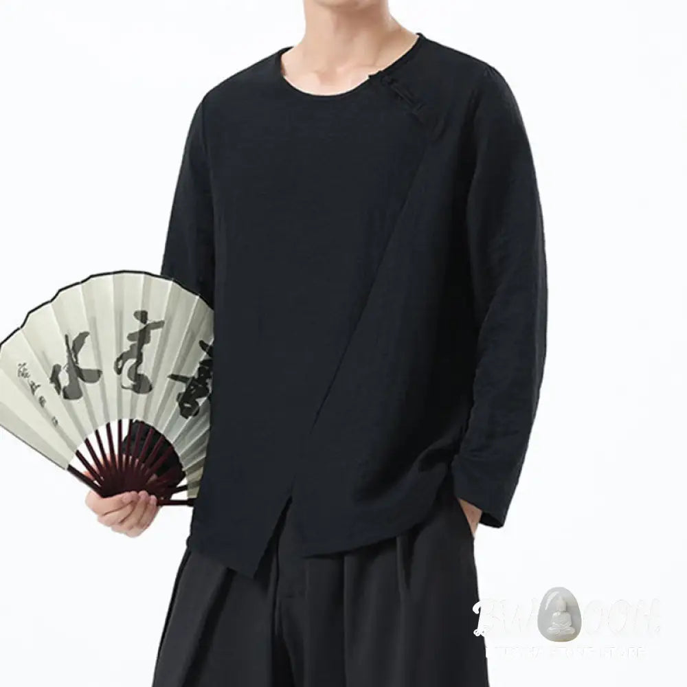 Buddha Stones Men’s Long Sleeve Round Collar Comfort Cotton Linen Shirt - Men’s T-Shirts