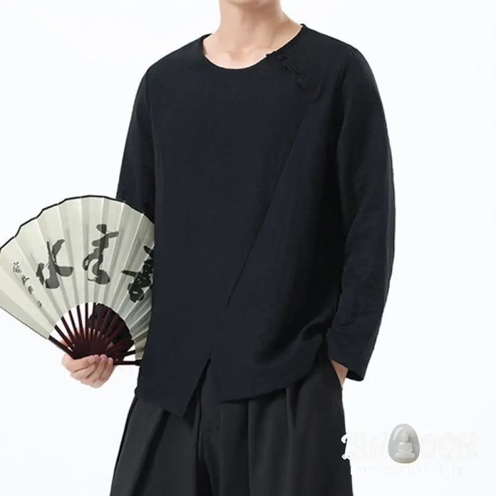 Buddha Stones Men’s Long Sleeve Round Collar Comfort Cotton Linen Shirt - Men’s T-Shirts