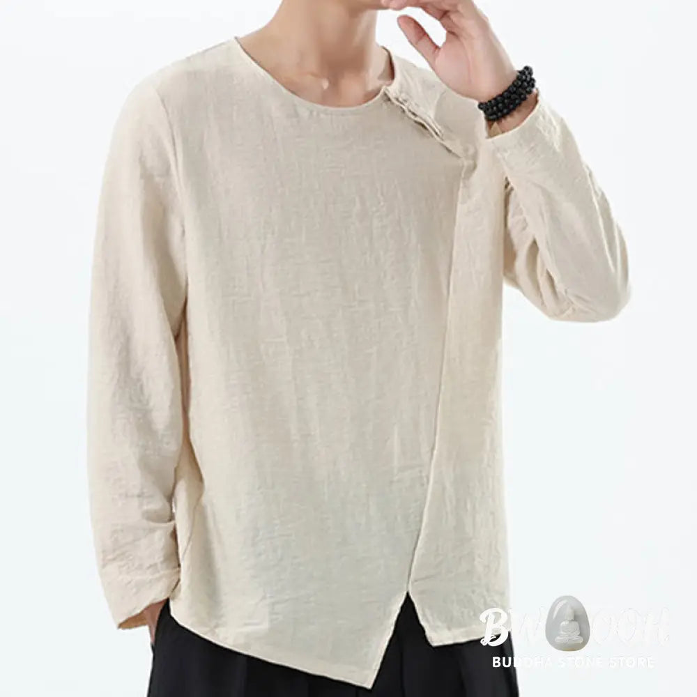 Buddha Stones Men’s Long Sleeve Round Collar Comfort Cotton Linen Shirt - Men’s T-Shirts