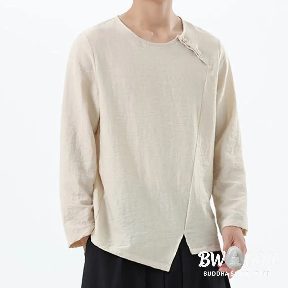 Buddha Stones Men’s Long Sleeve Round Collar Comfort Cotton Linen Shirt - Men’s T-Shirts