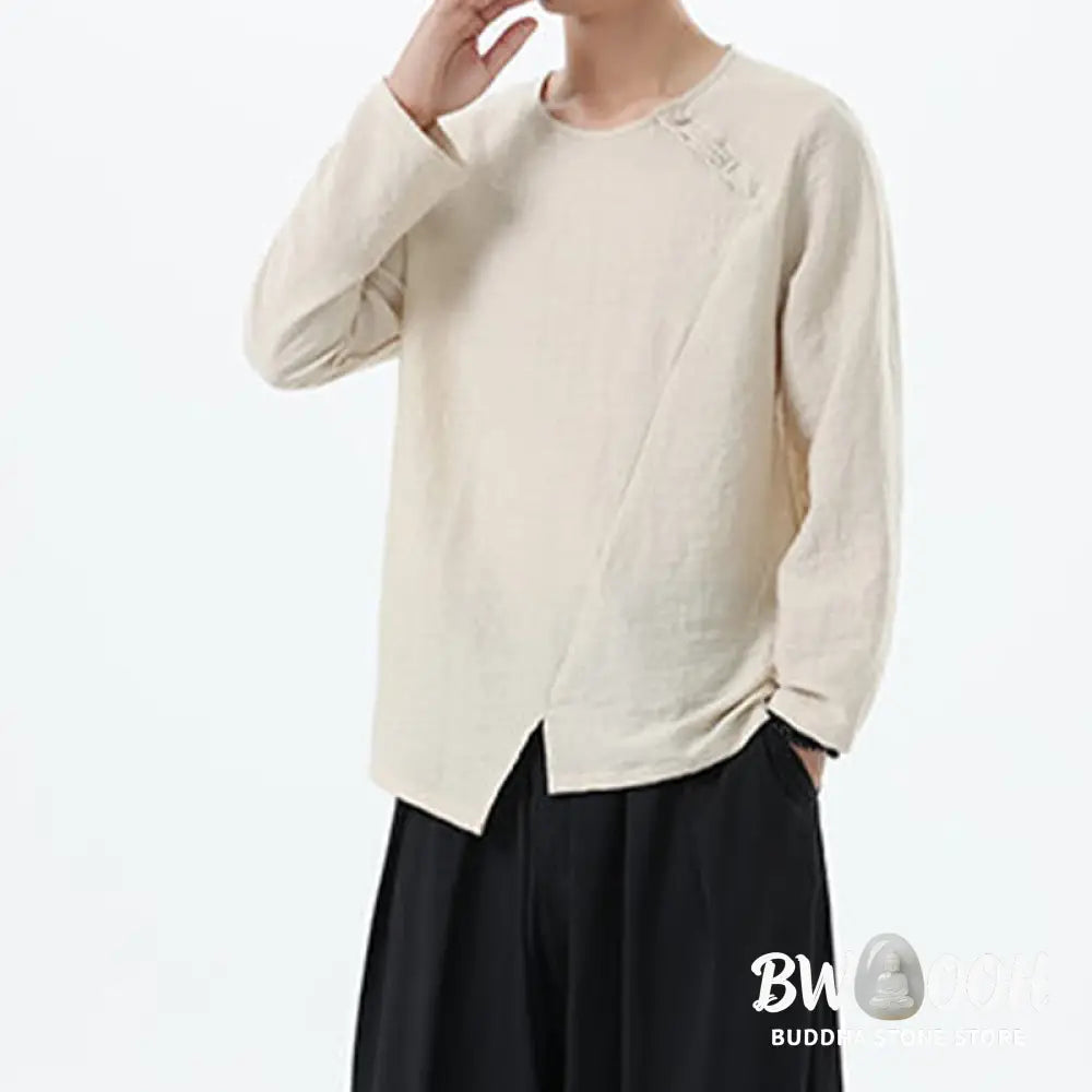 Buddha Stones Men’s Long Sleeve Round Collar Comfort Cotton Linen Shirt - Men’s T-Shirts
