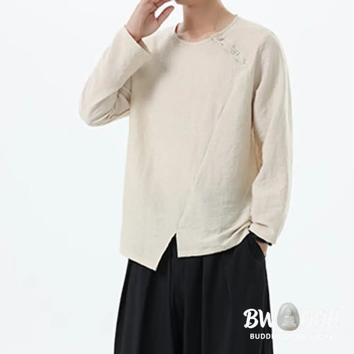 Buddha Stones Men’s Long Sleeve Round Collar Comfort Cotton Linen Shirt - Men’s T-Shirts
