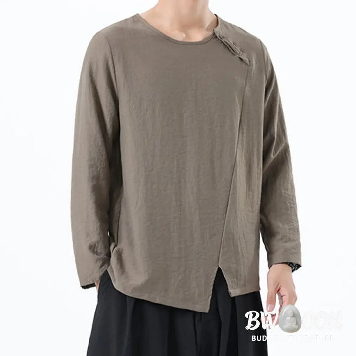 Buddha Stones Men’s Long Sleeve Round Collar Comfort Cotton Linen Shirt - Men’s T-Shirts