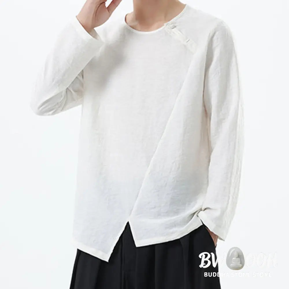 Buddha Stones Men’s Long Sleeve Round Collar Comfort Cotton Linen Shirt - Men’s T-Shirts