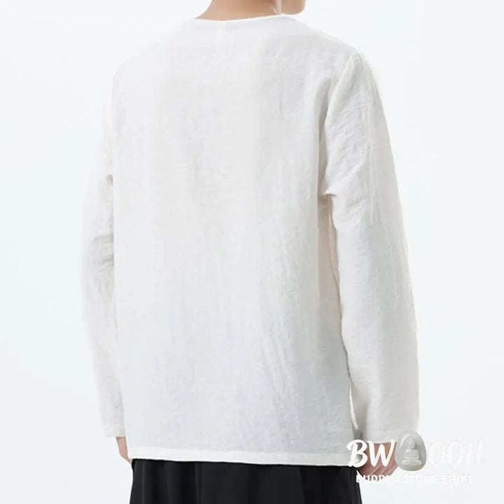 Buddha Stones Men’s Long Sleeve Round Collar Comfort Cotton Linen Shirt - Men’s T-Shirts