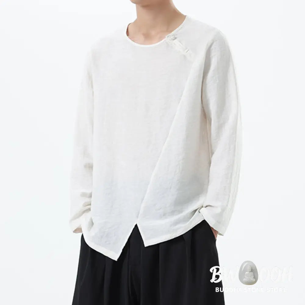 Buddha Stones Men’s Long Sleeve Round Collar Comfort Cotton Linen Shirt - Men’s T-Shirts