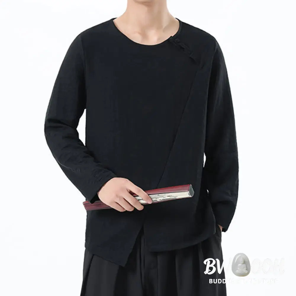 Buddha Stones Men’s Long Sleeve Round Collar Comfort Cotton Linen Shirt - Men’s T-Shirts