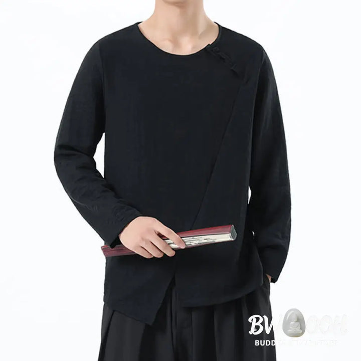 Buddha Stones Men’s Long Sleeve Round Collar Comfort Cotton Linen Shirt - Men’s T-Shirts
