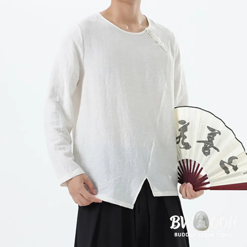 Buddha Stones Men’s Long Sleeve Round Collar Comfort Cotton Linen Shirt - Men’s T-Shirts