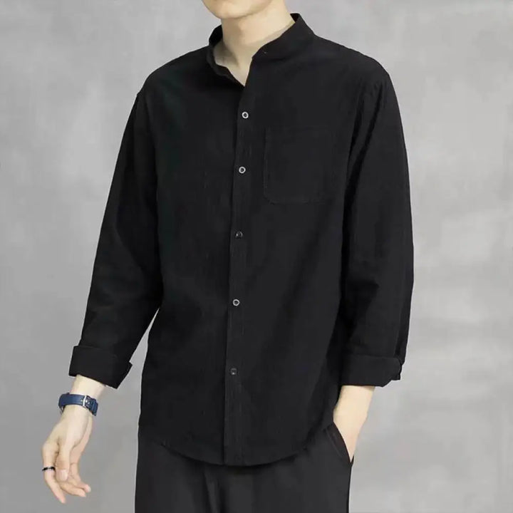 Buddha Stones Men’s Long Sleeve Shirt With Pocket Stand Collar Comfort Linen Shirt - Black / US/UK/AU34，EU44 (M)