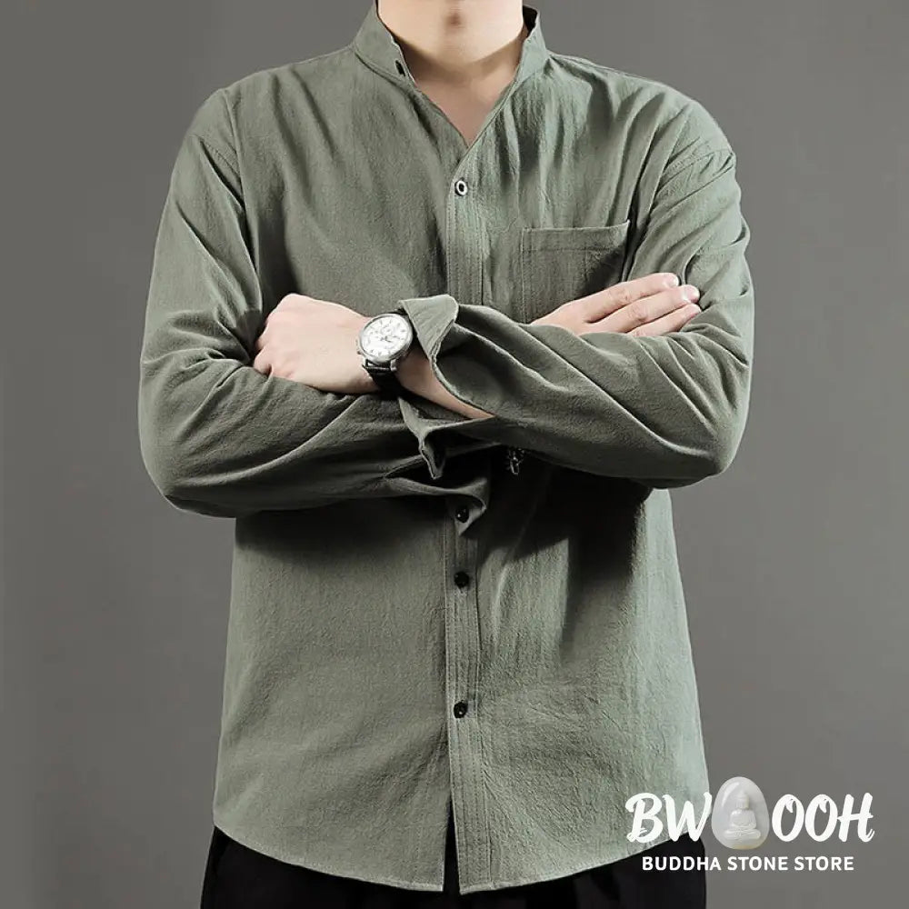 Buddha Stones Men’s Long Sleeve Shirt With Pocket Stand Collar Comfort Linen Shirt - Men’s Shirts