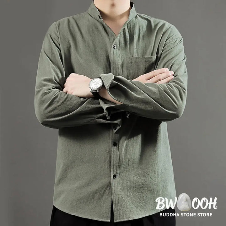 Buddha Stones Men’s Long Sleeve Shirt With Pocket Stand Collar Comfort Linen Shirt - Men’s Shirts