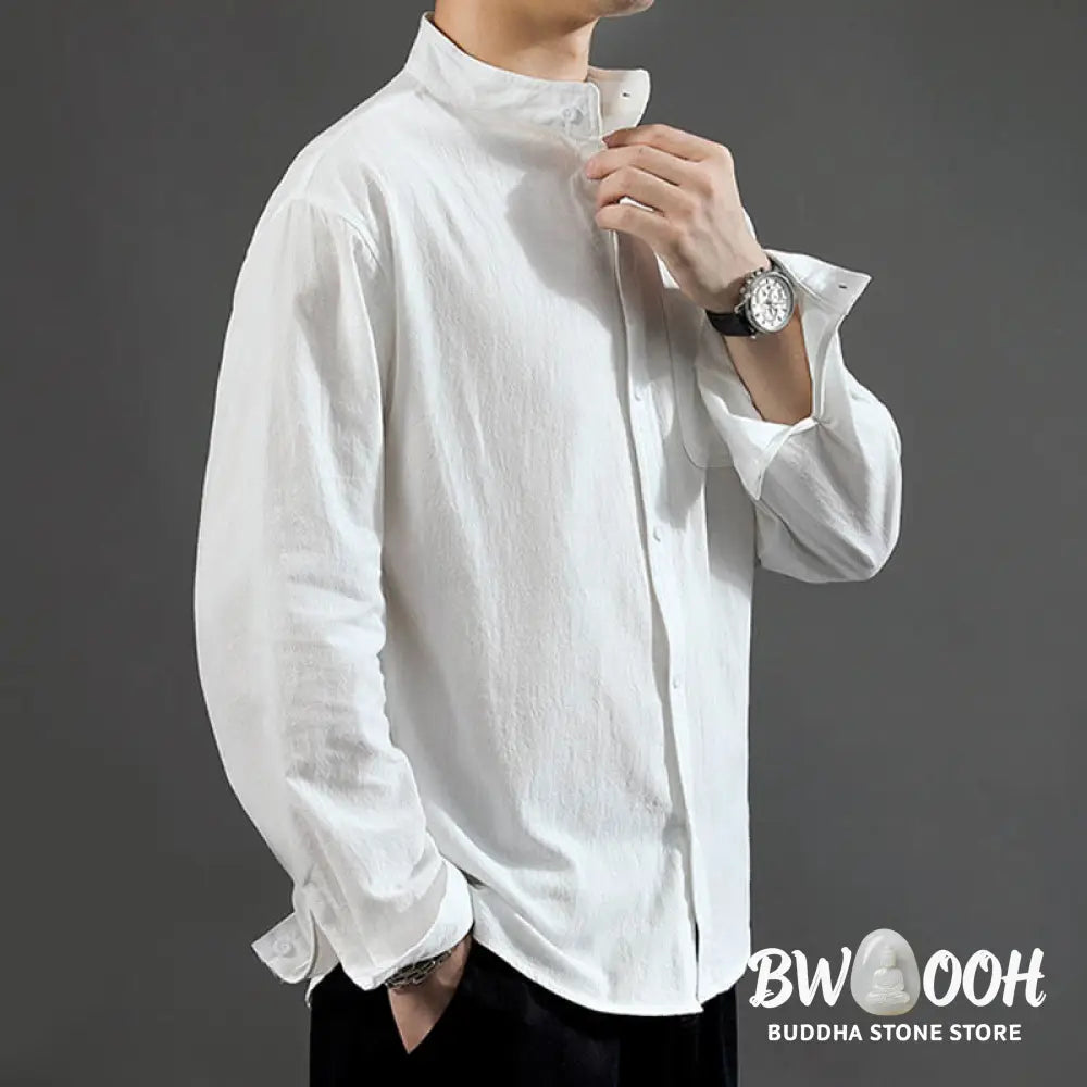 Buddha Stones Men’s Long Sleeve Shirt With Pocket Stand Collar Comfort Linen Shirt - Men’s Shirts