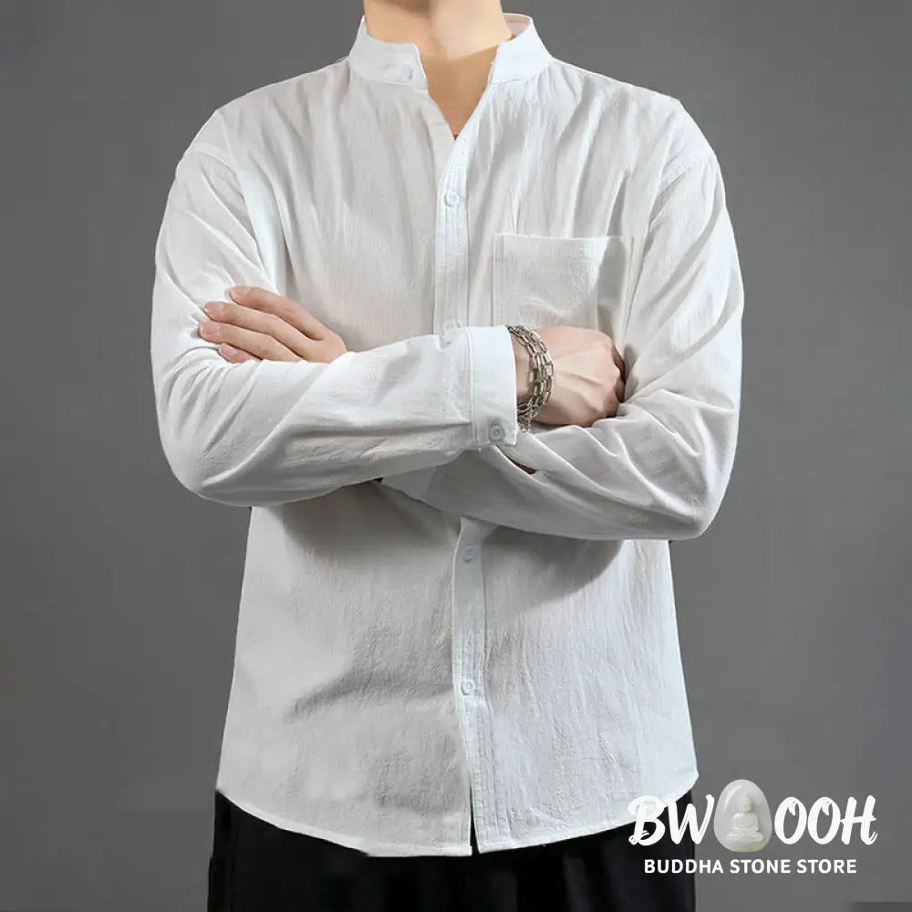 Buddha Stones Men’s Long Sleeve Shirt With Pocket Stand Collar Comfort Linen Shirt - Men’s Shirts