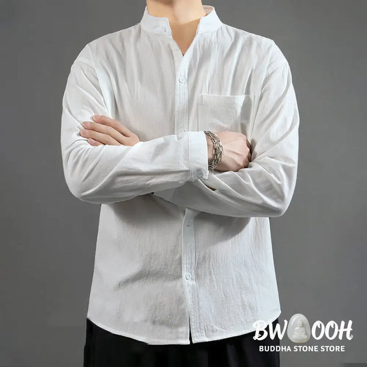 Buddha Stones Men’s Long Sleeve Shirt With Pocket Stand Collar Comfort Linen Shirt - Men’s Shirts
