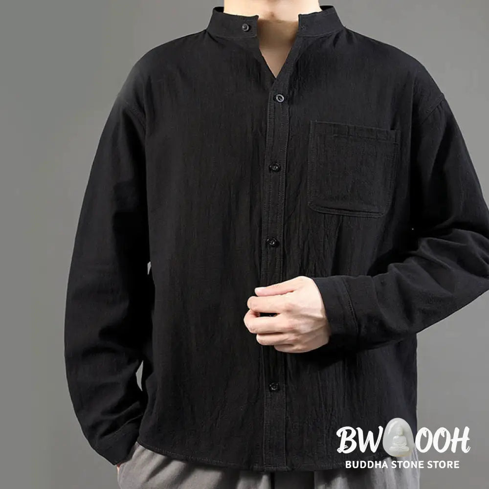 Buddha Stones Men’s Long Sleeve Shirt With Pocket Stand Collar Comfort Linen Shirt - Men’s Shirts