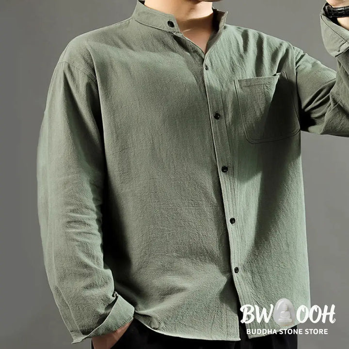 Buddha Stones Men’s Long Sleeve Shirt With Pocket Stand Collar Comfort Linen Shirt - Men’s Shirts