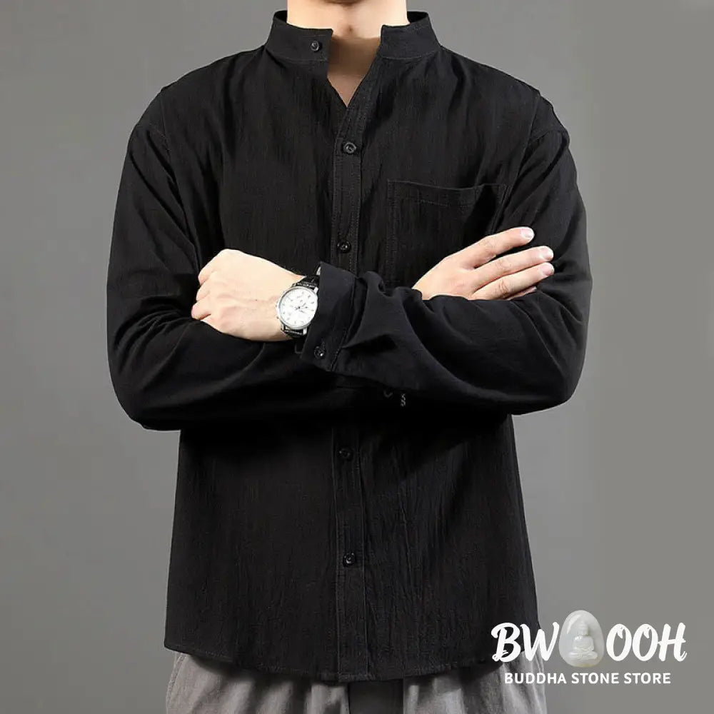 Buddha Stones Men’s Long Sleeve Shirt With Pocket Stand Collar Comfort Linen Shirt - Men’s Shirts