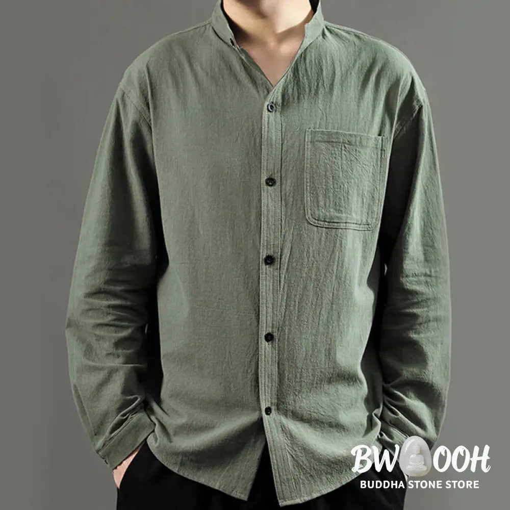 Buddha Stones Men’s Long Sleeve Shirt With Pocket Stand Collar Comfort Linen Shirt - Men’s Shirts